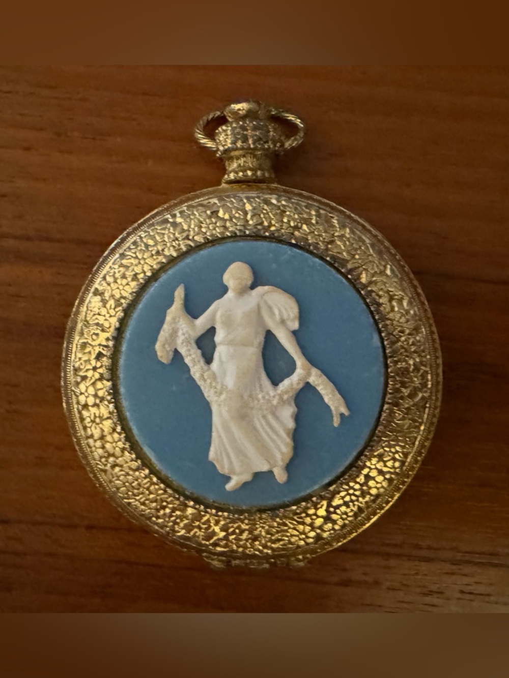 Vintage Max Factor Compact—Gold Tone, Pocket Watch Style, Faux Cameo, w/ Mirror